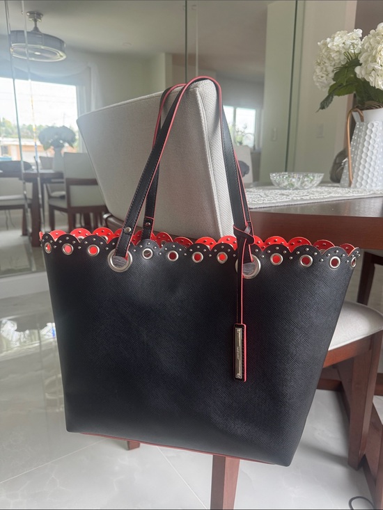 Nine West Handbags - NWOT Nine West Black Tote Bag with Red/Orange Trim and scalloped studded Detail
